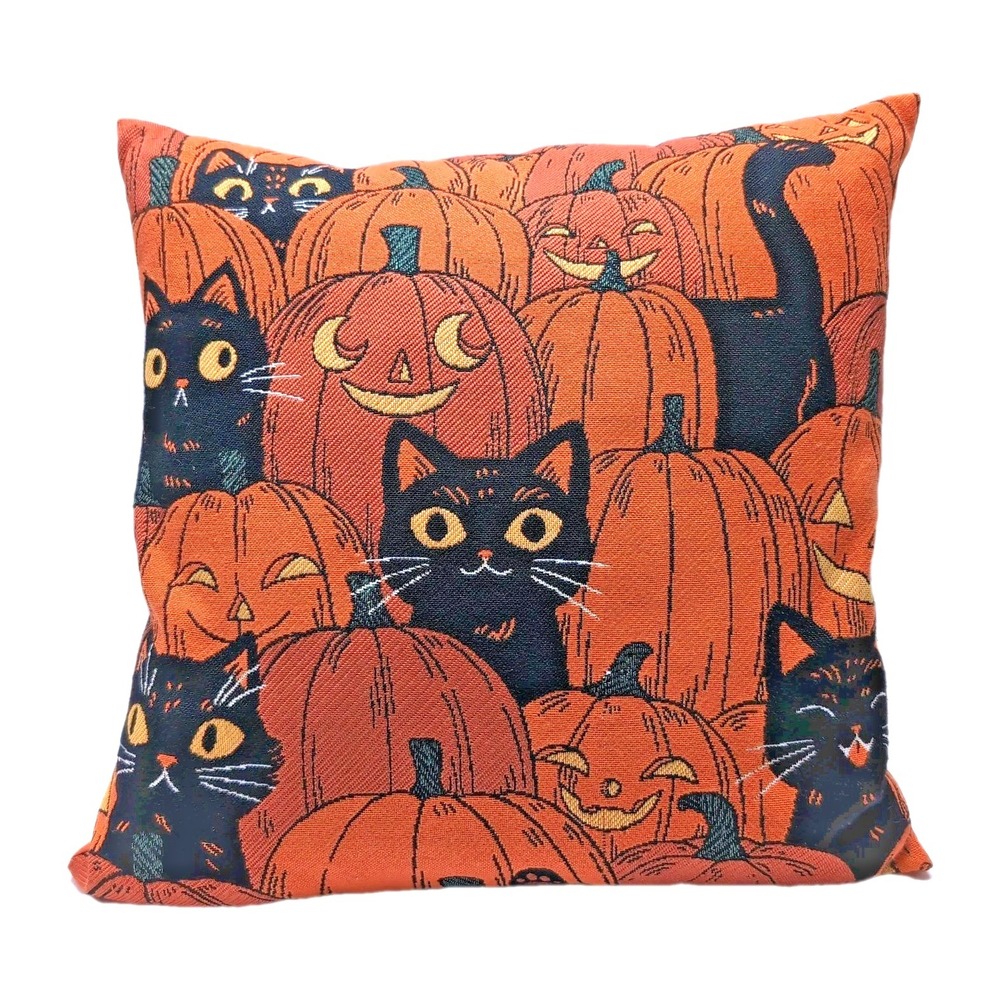 Halloween Throw Pillow Black Cat Pumpkin Tapestry Woven Orange 17x17 Party Decor